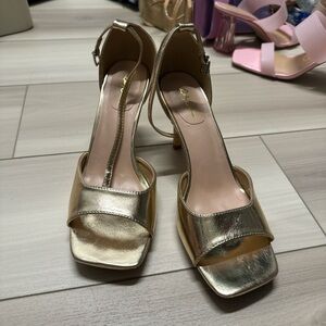 cute square toe mid height open toe heels